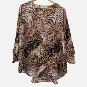 Women's XL Zebra Cheetah Animal Soft 3/4 Roll Sleeve Casual Hi-Low Soft Blouse